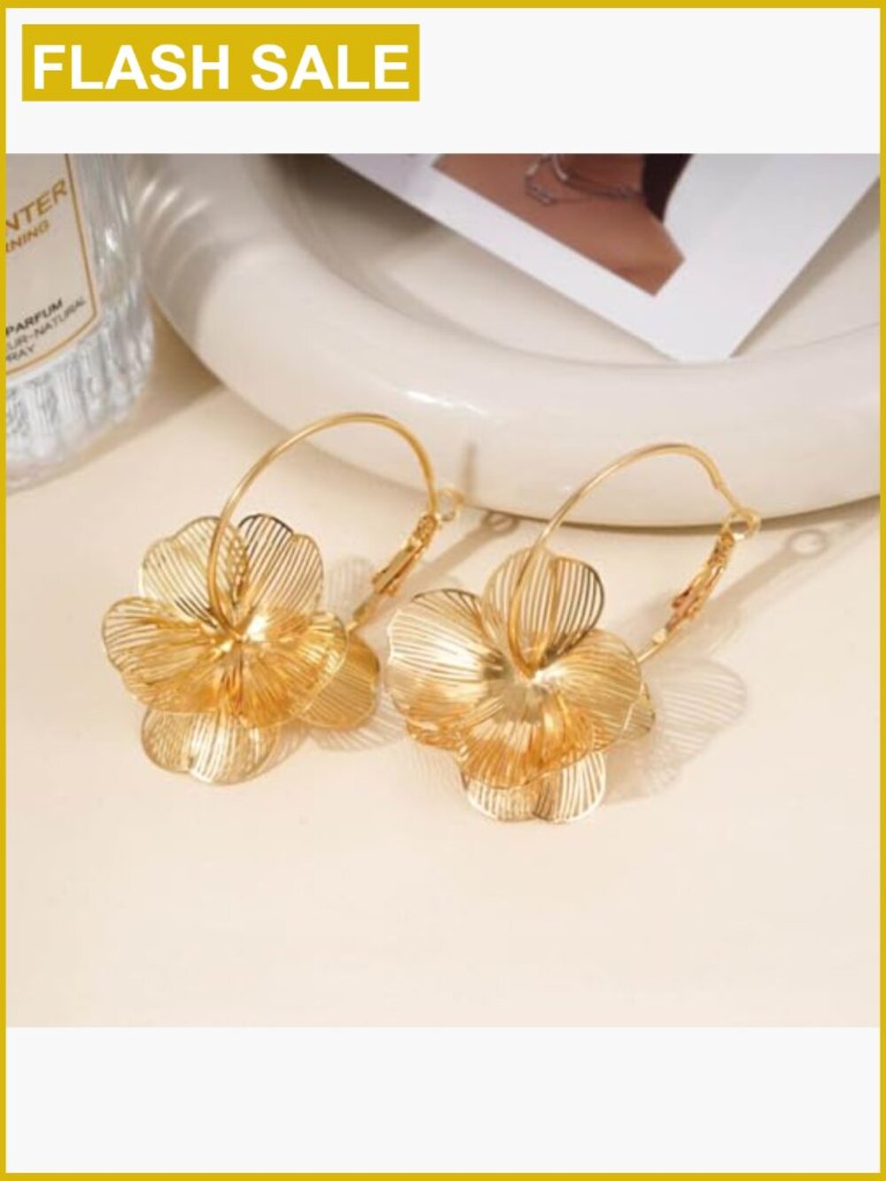 Dangle Flower Hoop Earrings, Trendy 3D Gold Drop Earrings for Women - Picture 4 of 7